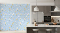 Kitchen and dining room fitted with pale toned Daisy Dreams on Blue wallpaper