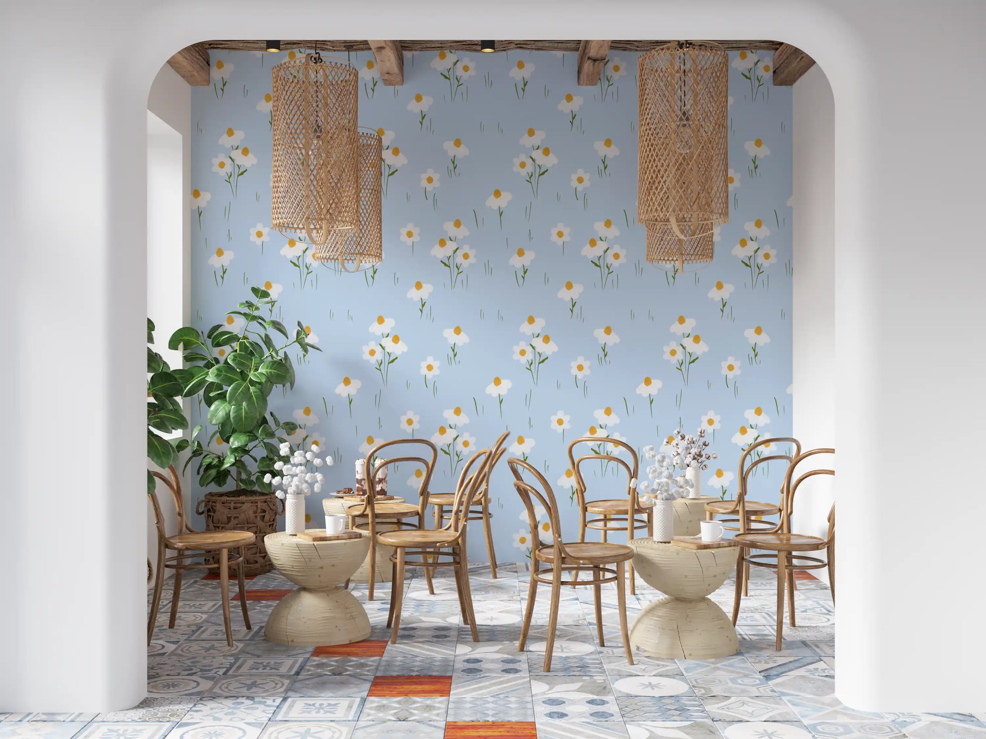 Café and restaurant y the blue meadow pattern Daisy Dreams wallpaper