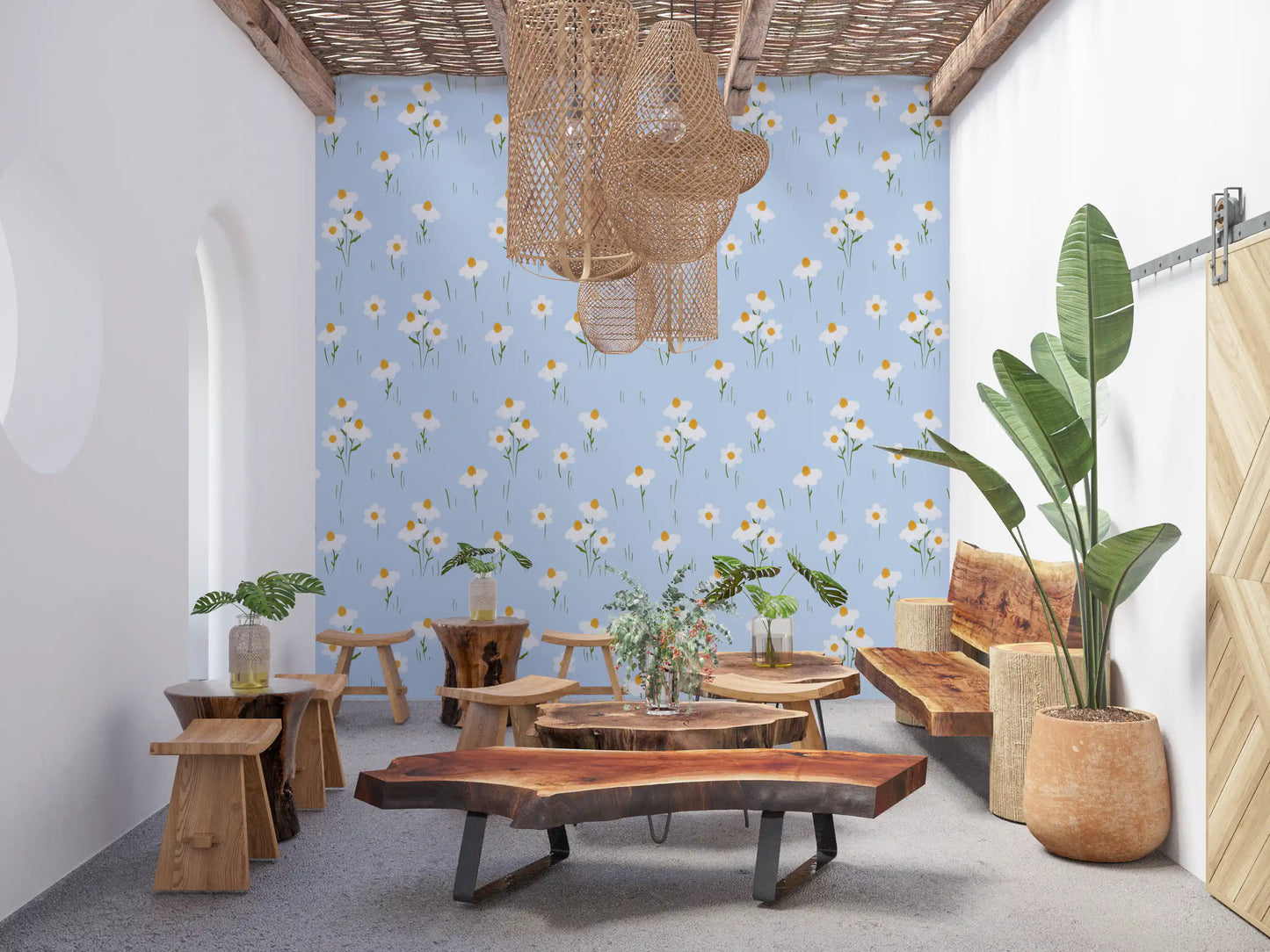 Dining space covered in the scattered bloom Daisy Dreams wallpaper