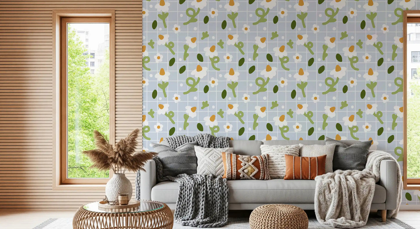 Hallway with the daisy and grid pattern of Blue Grid wallpaper
