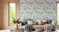 Hallway with the daisy and grid pattern of Blue Grid wallpaper