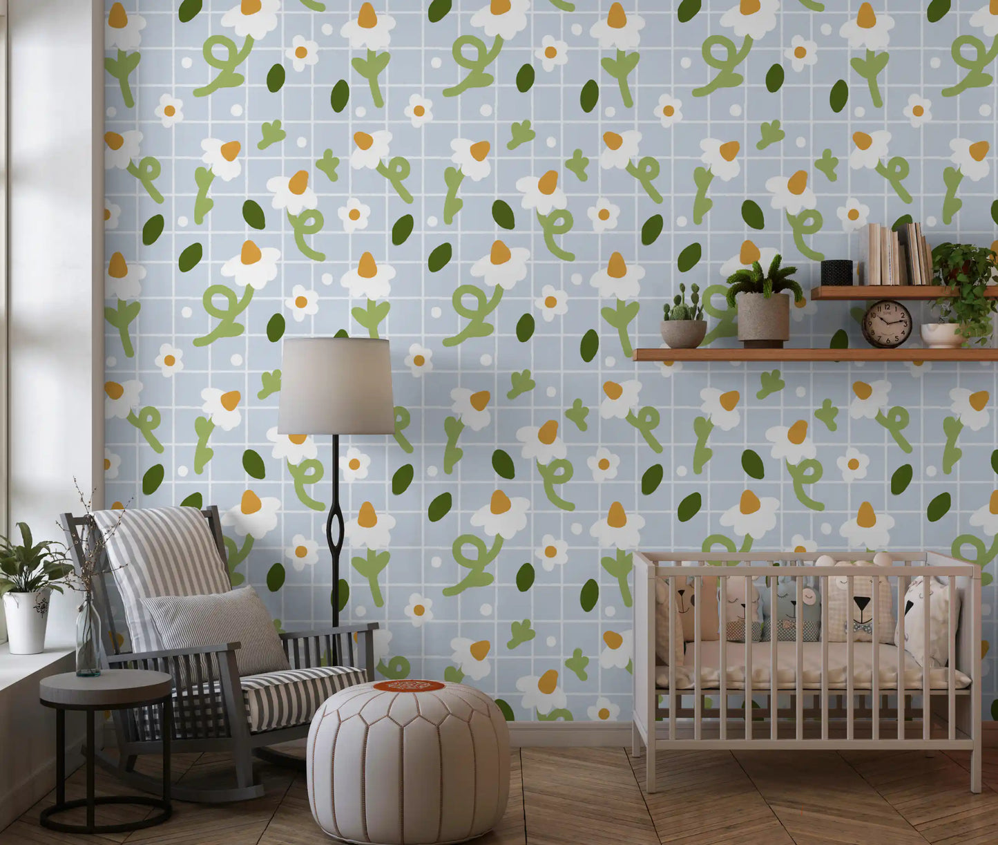 Orange centred blooms scattered across Whimsical Daisies wallpaper
