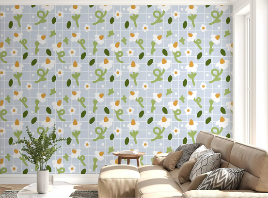 Whimsical Daisies on Blue Grid wallpaper behind a living room seating area