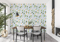 Whimsical Daisies wallpaper on a blue checked ground in a Dining room 