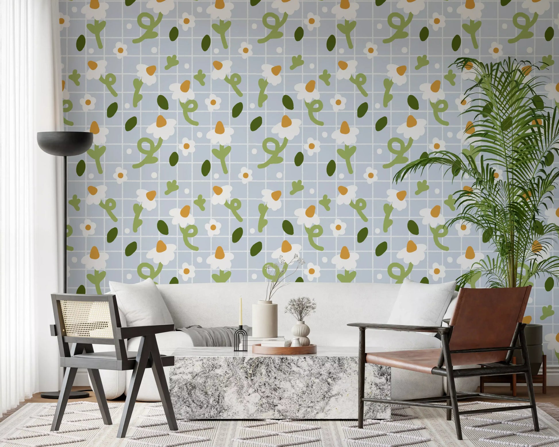 Blue Grid daisy wallpaper across a bright open living room