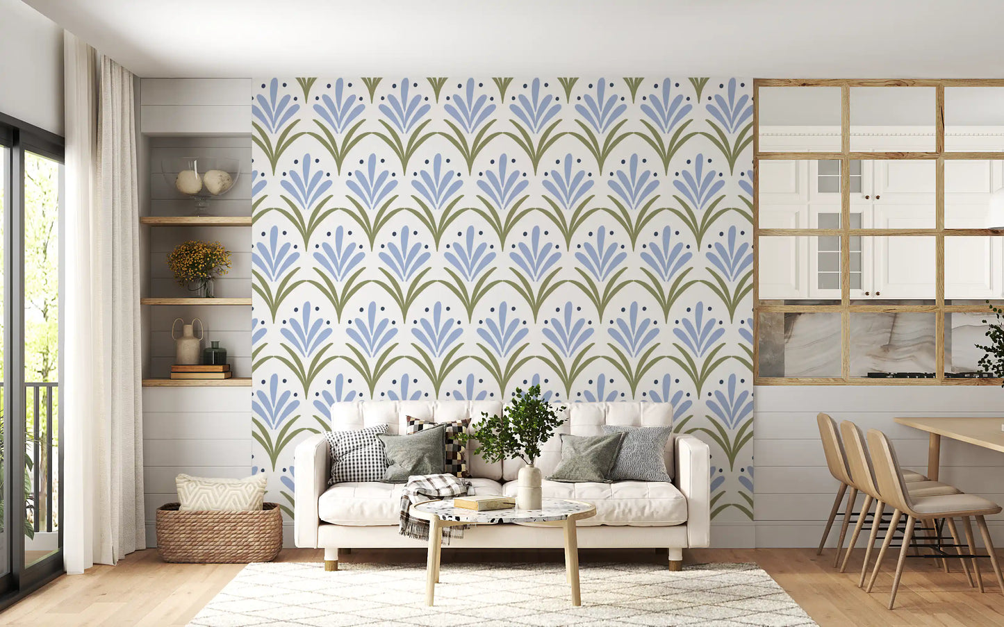 Living room lined with the scalloped Art Deco Floral wallpaper pattern