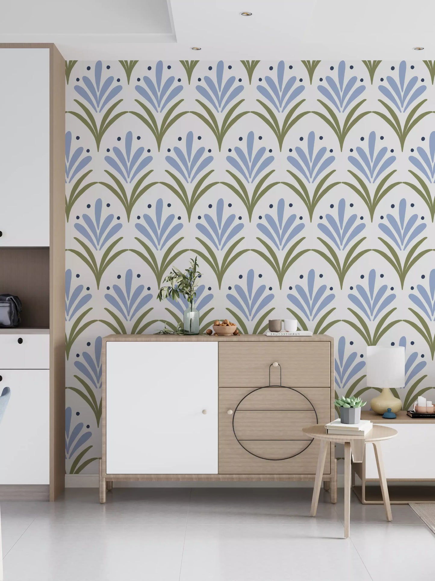 Blue petal fans and olive arches repeating on Art Deco Floral wallpaper