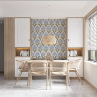 Dining area showing Art Deco Floral wallpaper in blue and olive