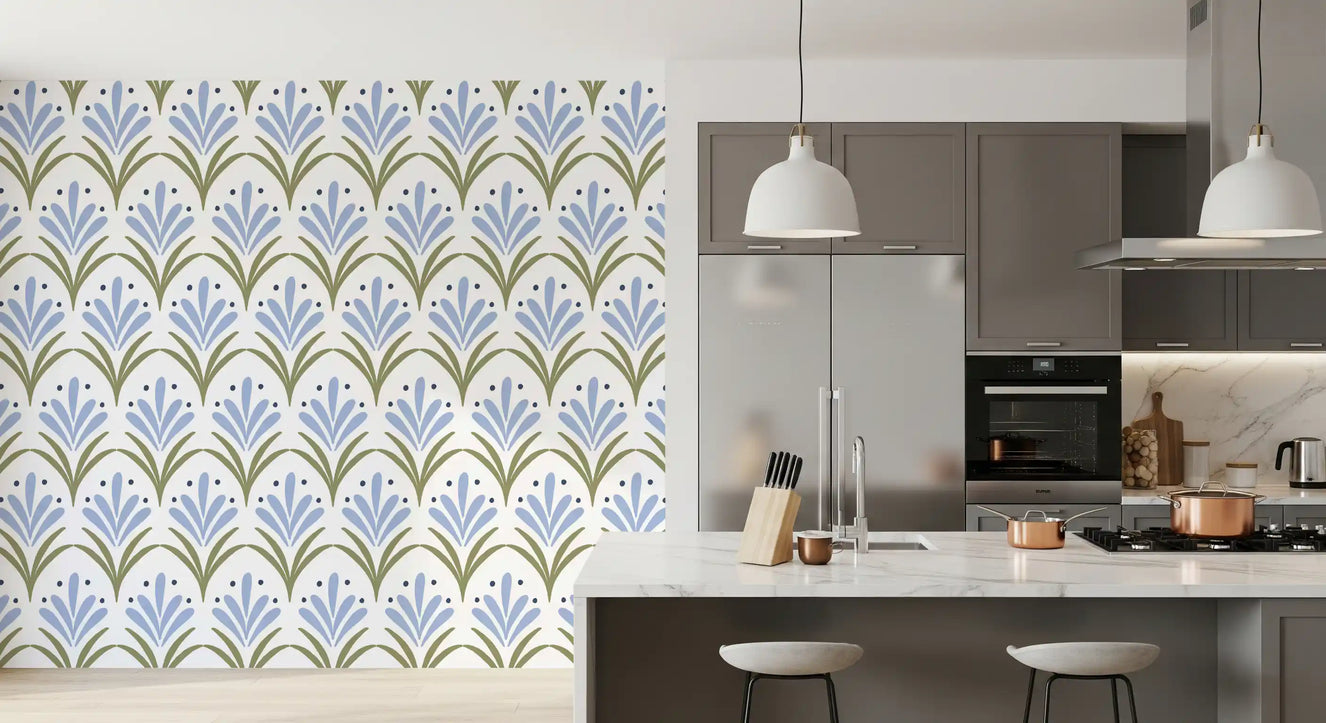 Kitchen featuring olive and blue Art Deco Floral palmette wallpaper