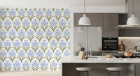 Kitchen featuring olive and blue Art Deco Floral palmette wallpaper
