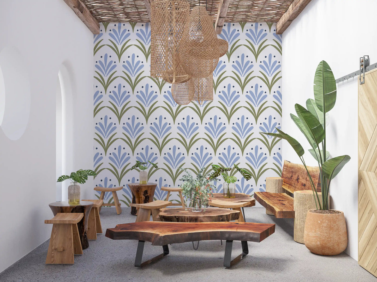Sitting area with periwinkle fan repeat Art Deco Floral wallpaper