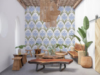 Sitting area with periwinkle fan repeat Art Deco Floral wallpaper