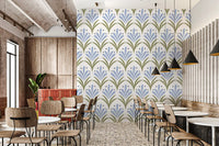 Art Deco Floral wallpaper behind a neutral Café and restaurant setting