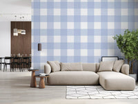 Living room with periwinkle gingham Crisp Blue Checkered Calm wallpaper