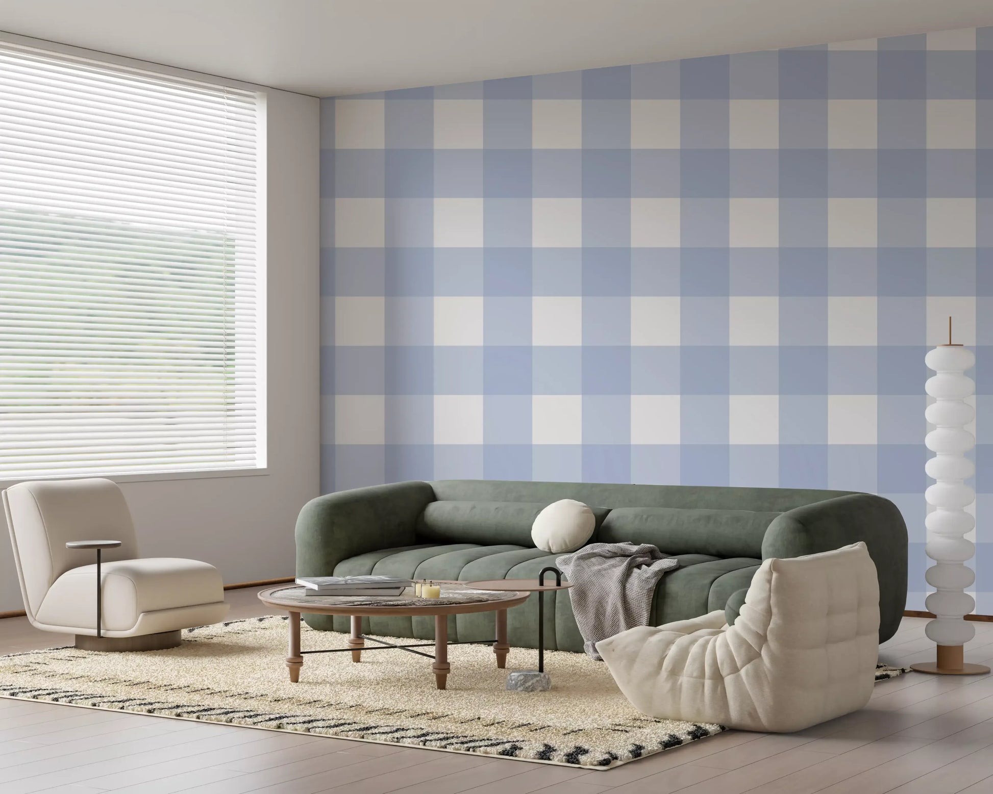 Lounge setting framed by Crisp Blue Checkered Calm wallpaper