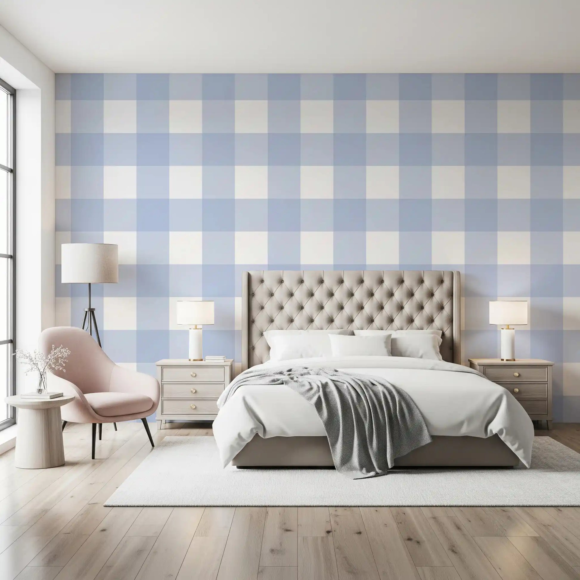 Overlapping blue bands forming plaid on Crisp Blue Checkered wallpaper