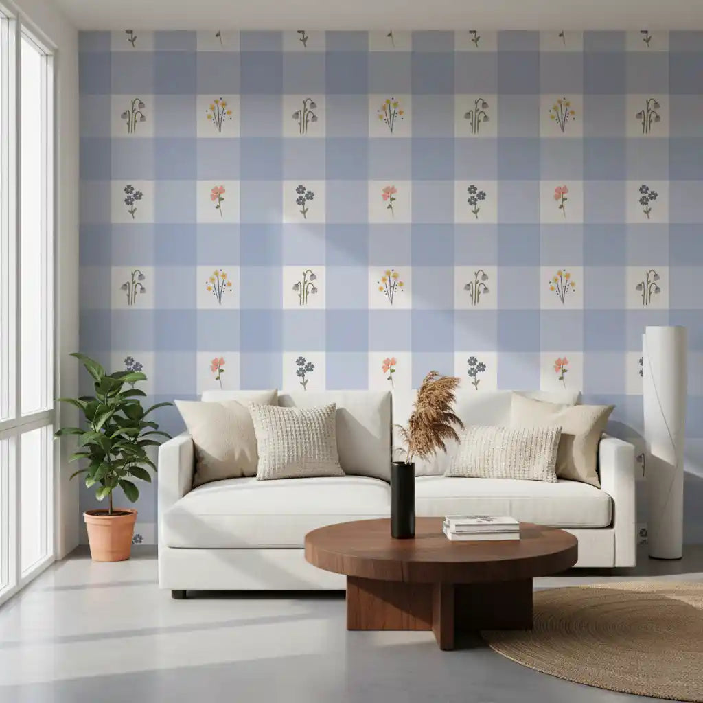 Floral Gingham wallpaper covering a living room with lavender check pattern