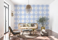 Lavender-blue gingham grid with wildflower sprigs on Floral Gingham wallpaper