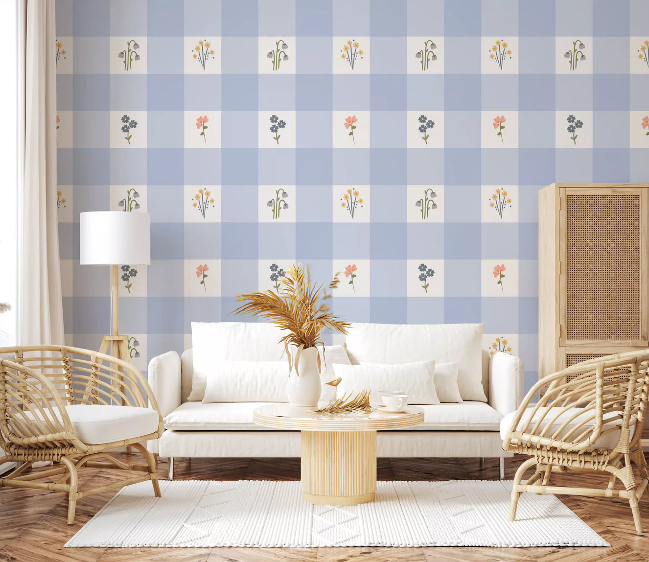 Living room dressed in the bluebell and daisy Floral Gingham wallpaper