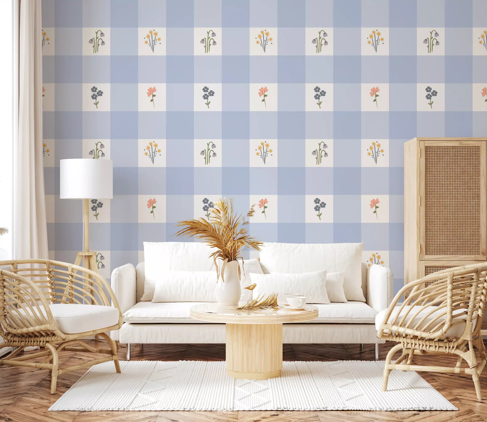 Living room dressed in the bluebell and daisy Floral Gingham wallpaper