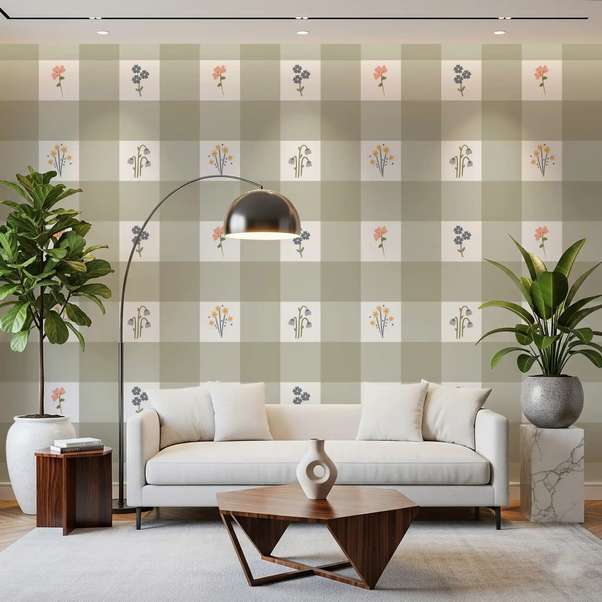 Hallway view showing the repeating Gingham Floral wallpaper pattern