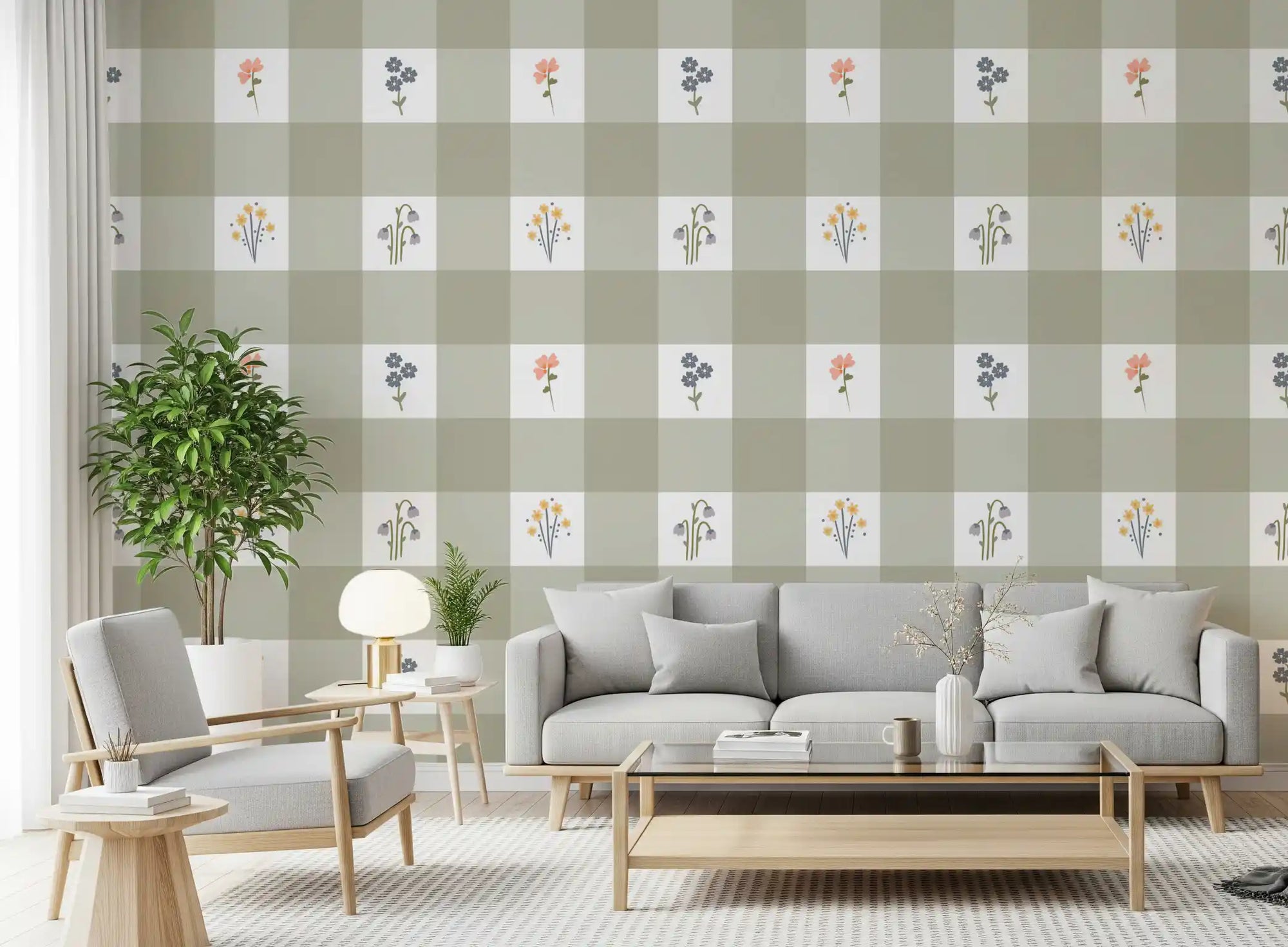 Gingham Floral wallpaper with sage checks in a living room setting