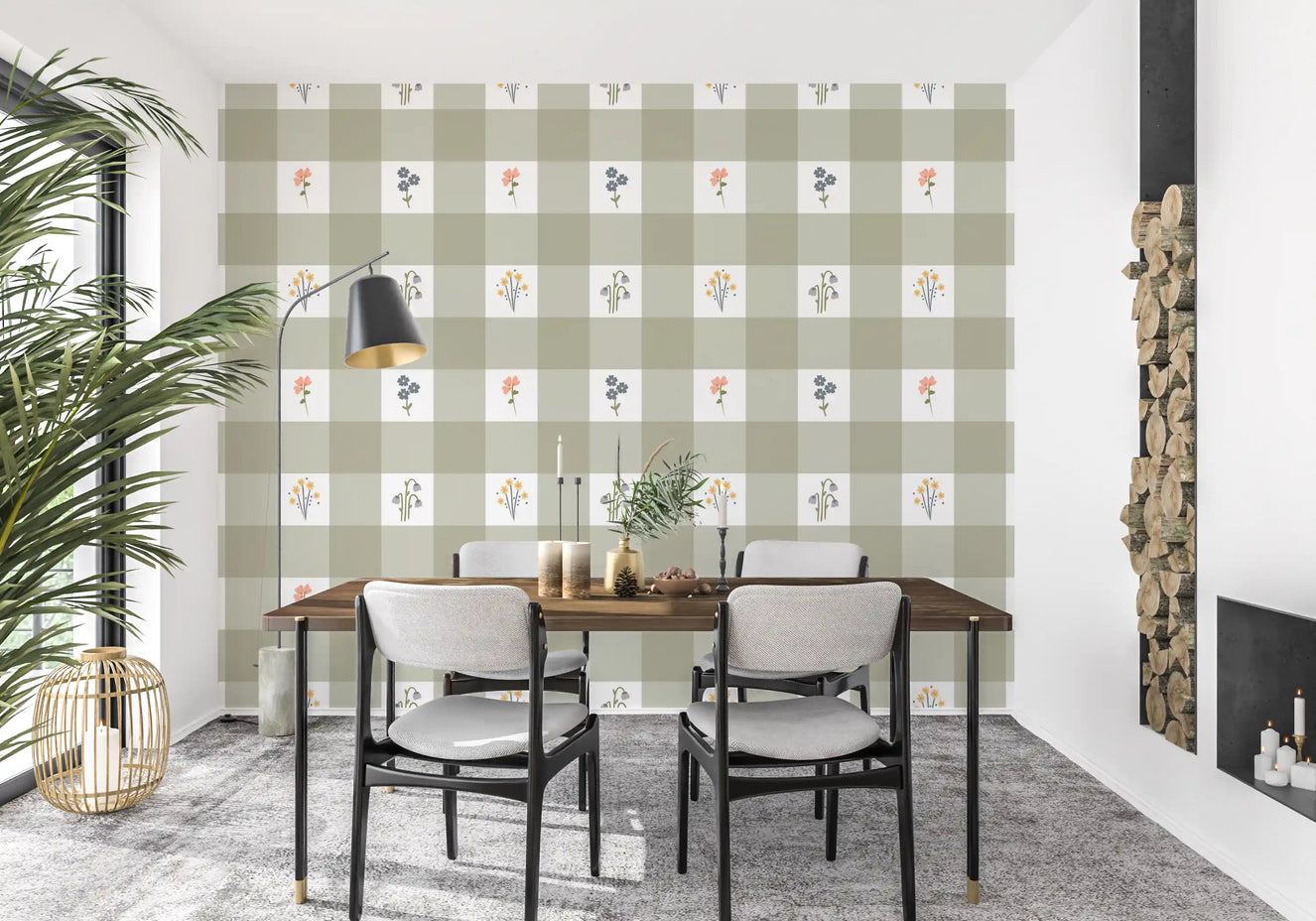 Dining room covered in the botanical Gingham Floral wallpaper