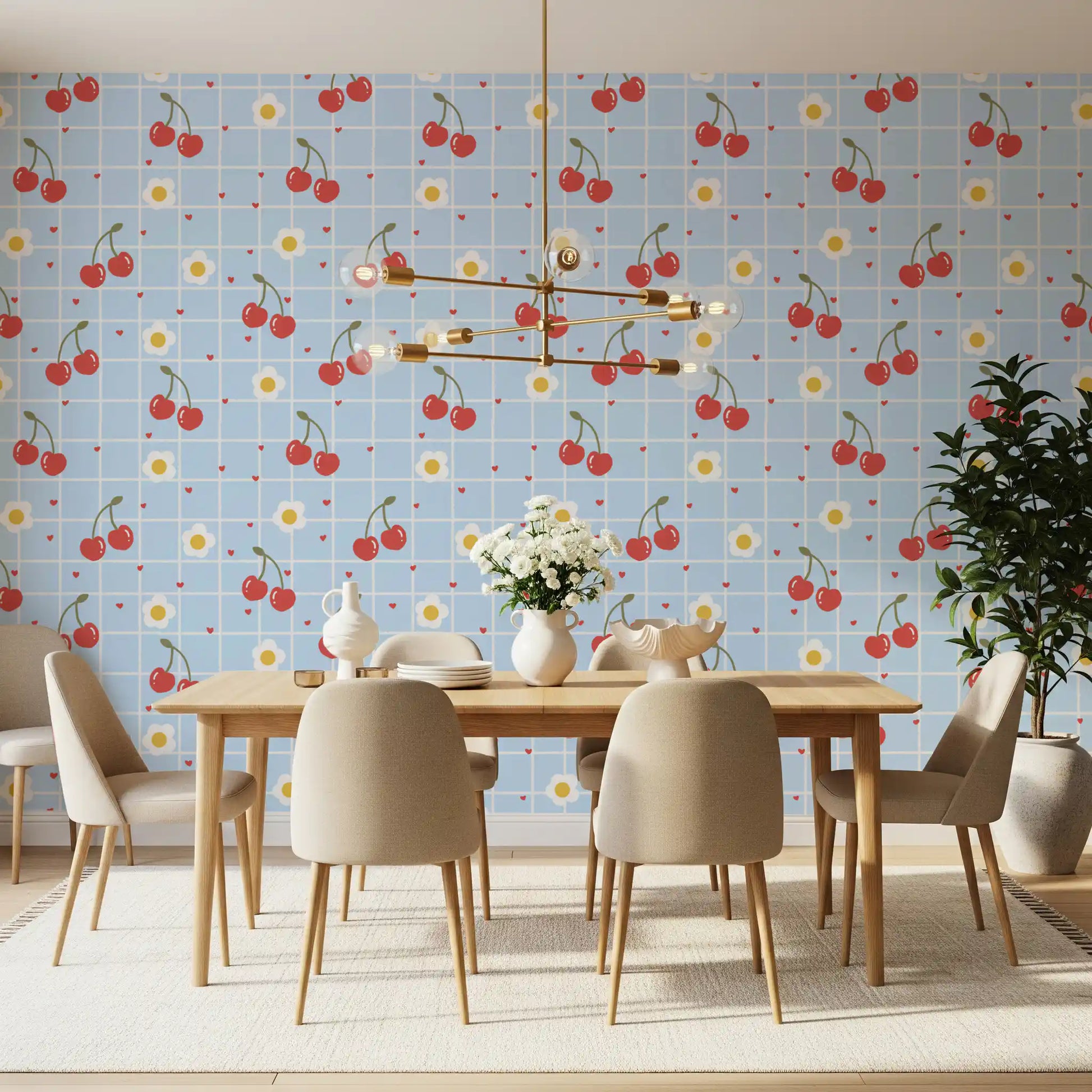 Dining space covered in Sweet Cherry Gingham retro pattern wallpaper