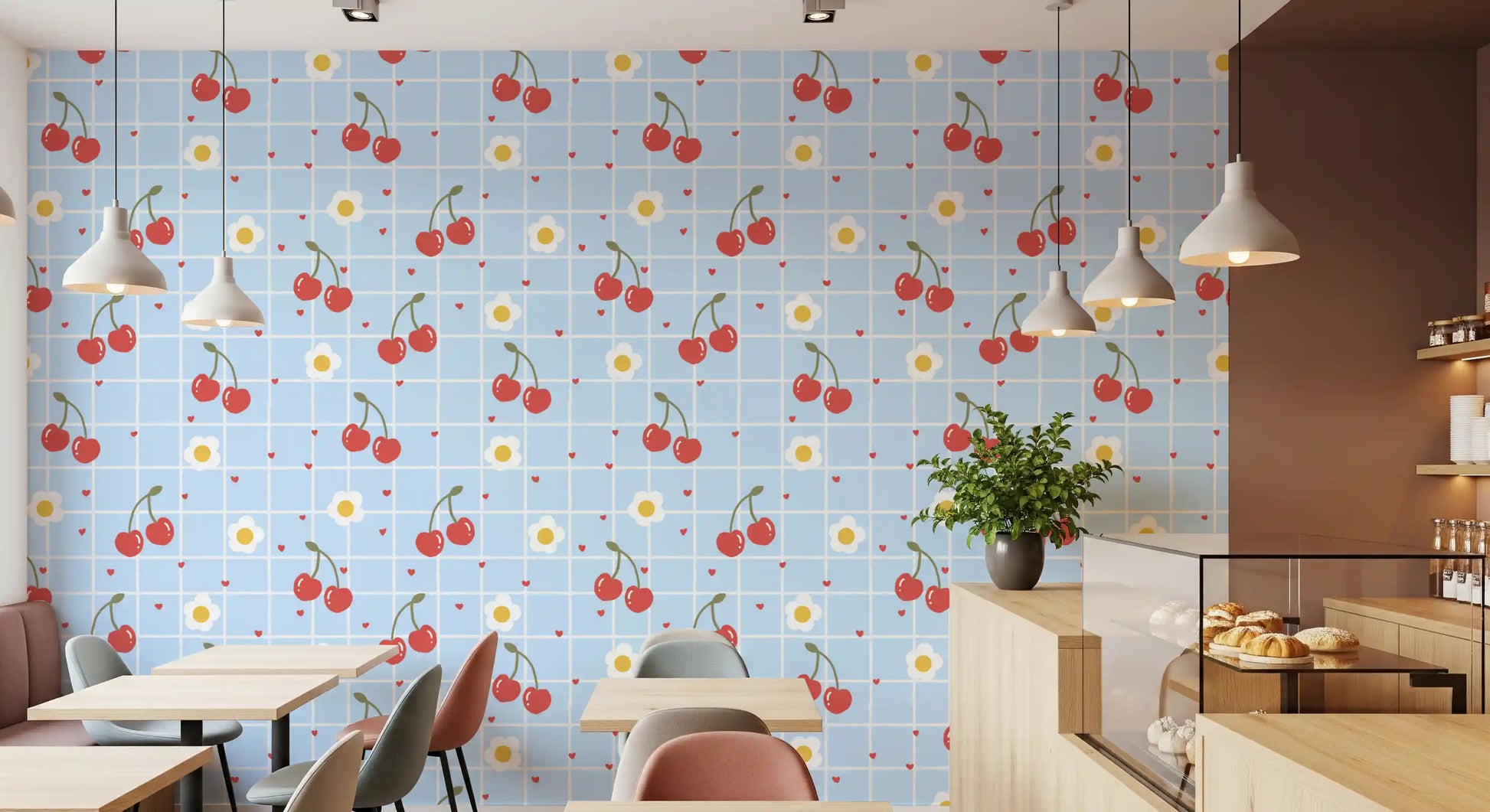 restaurant lined by the Sweet Cherry Gingham wallpaper