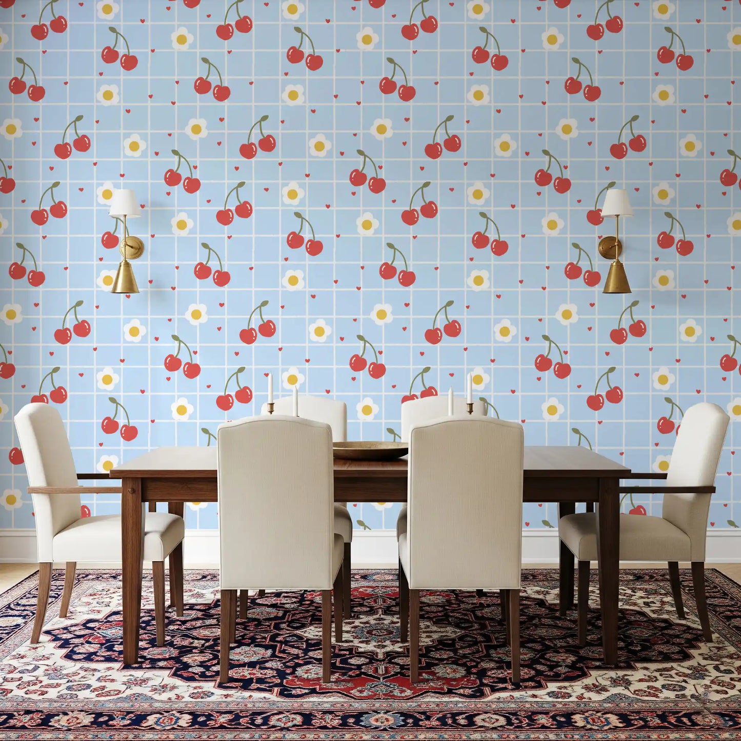Olive stems holding fruit clusters on Sweet Cherry Gingham wallpaper