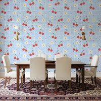Olive stems holding fruit clusters on Sweet Cherry Gingham wallpaper