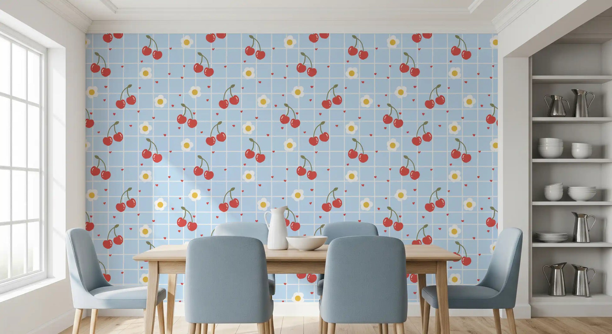 Dining room accented by the Sweet Cherry Gingham blue wallpaper