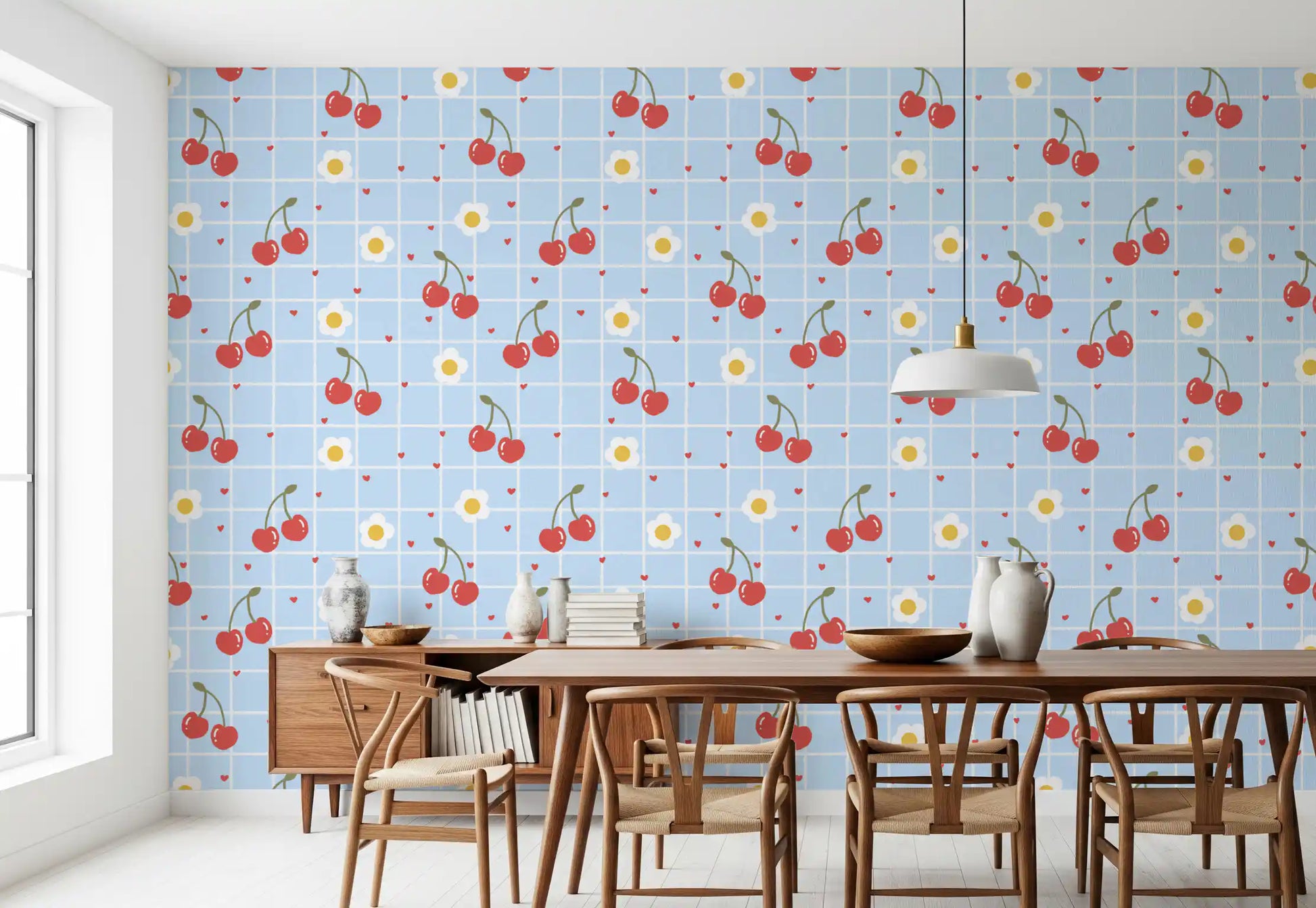 Full pattern view of the blue gingham grid Sweet Cherry wallpaper