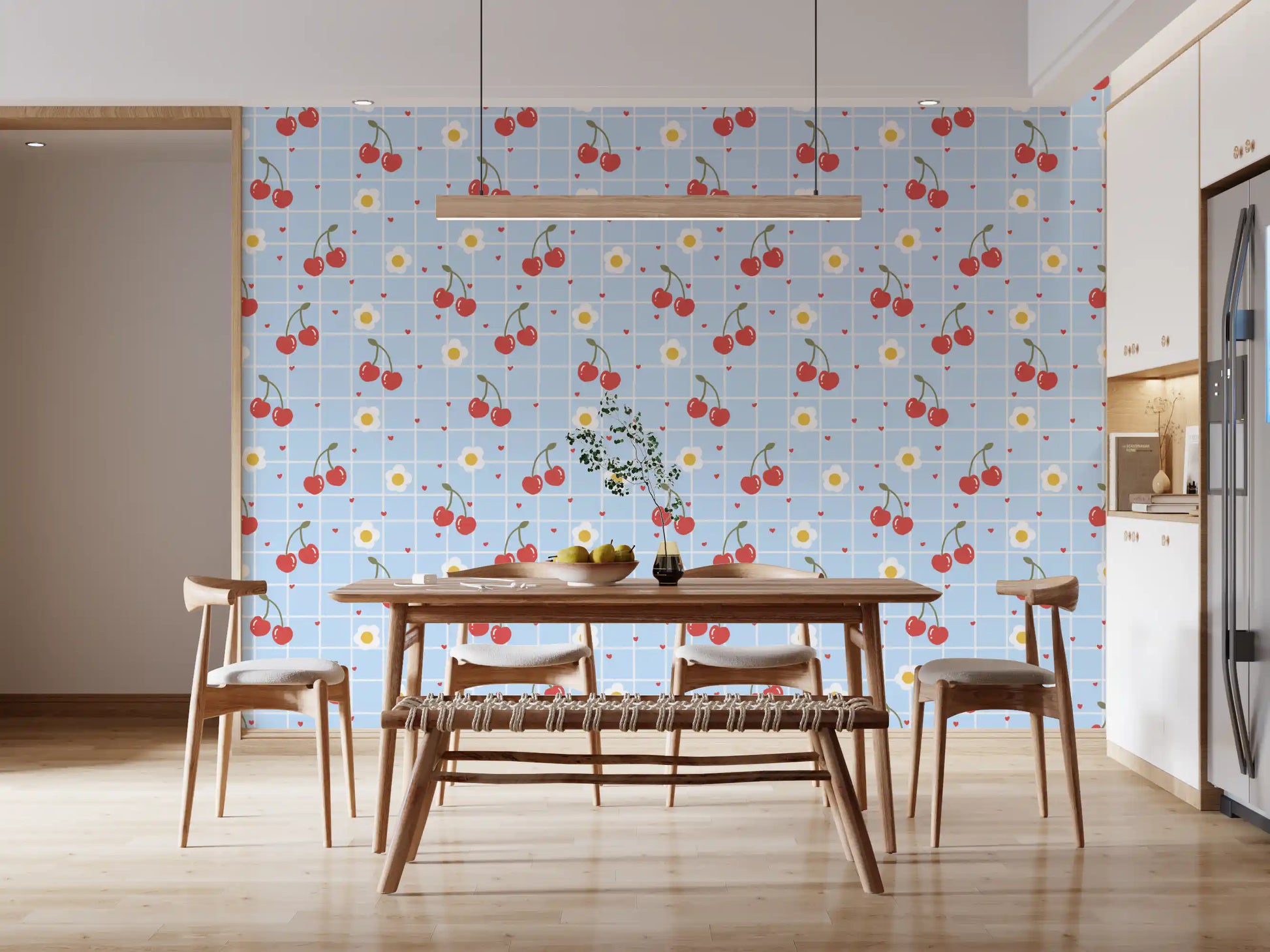White blooms and tiny hearts across Sweet Cherry Gingham wallpaper