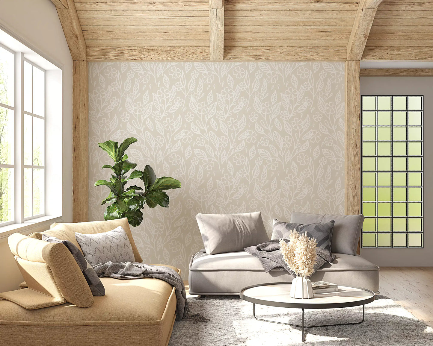 Curved leaf clusters spread over the Neutral Floral Wallpaper repeat