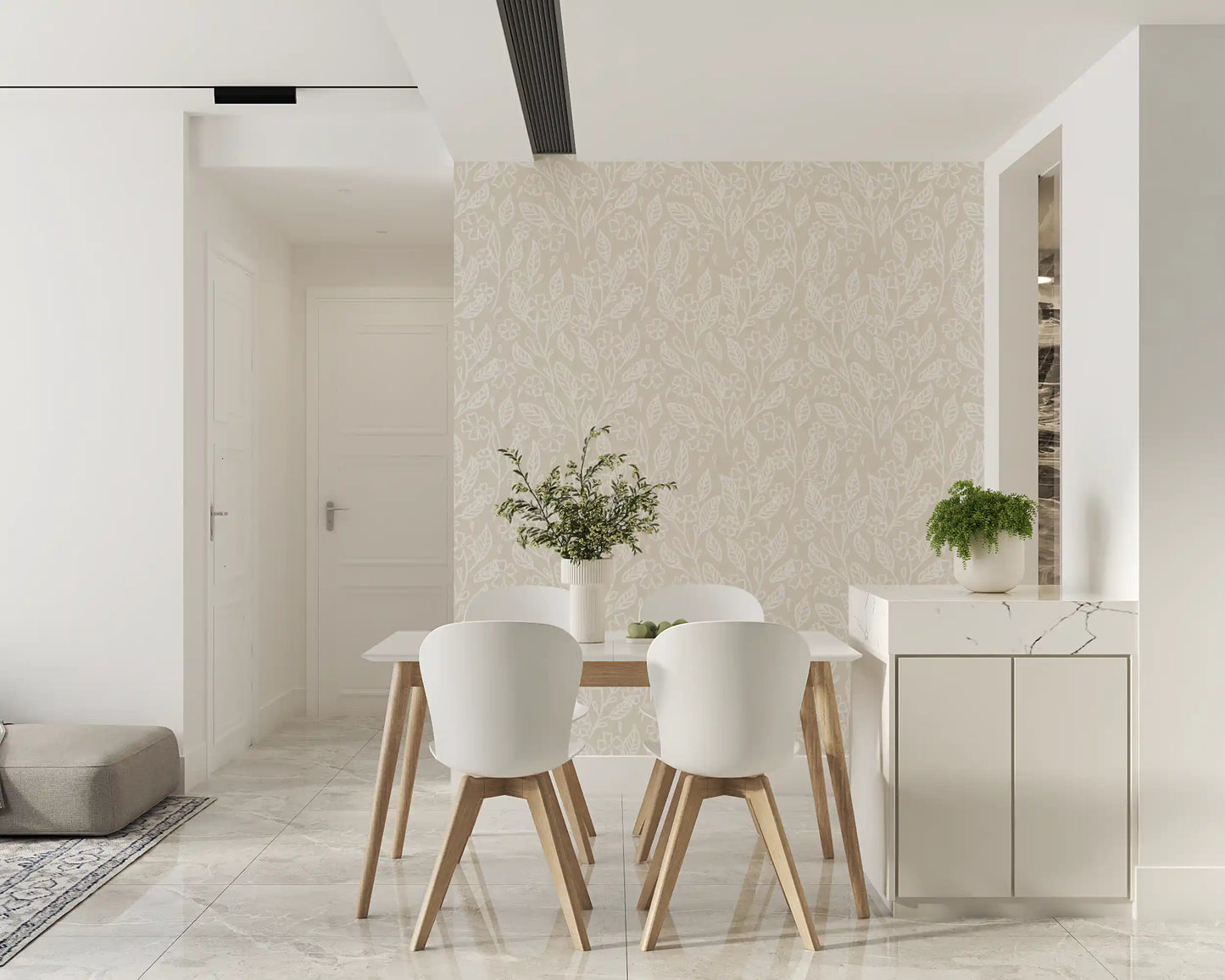 Neutral Floral Wallpaper showing white botanical linework on beige