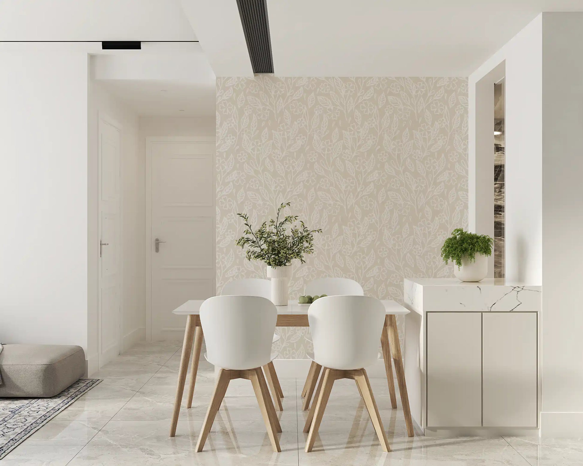 Neutral Floral Wallpaper showing white botanical linework on beige