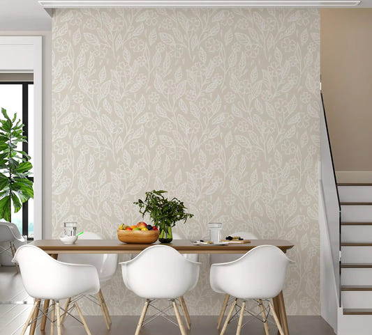 Dining room with beige toned Neutral Floral Wallpaper 

