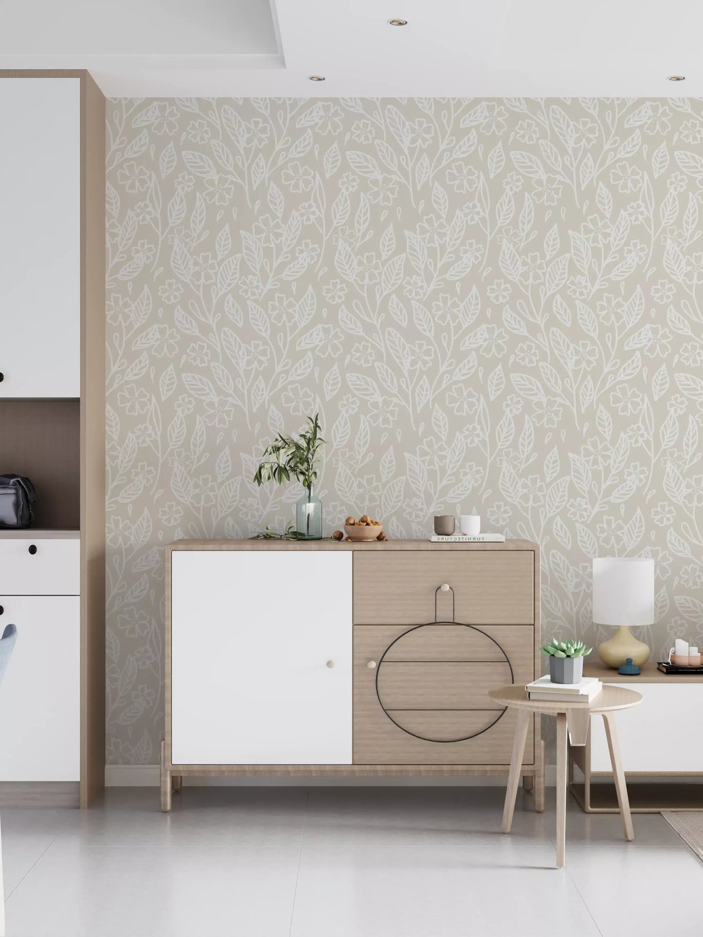 Repeating five petalled flowers on the Neutral Floral Wallpaper surface