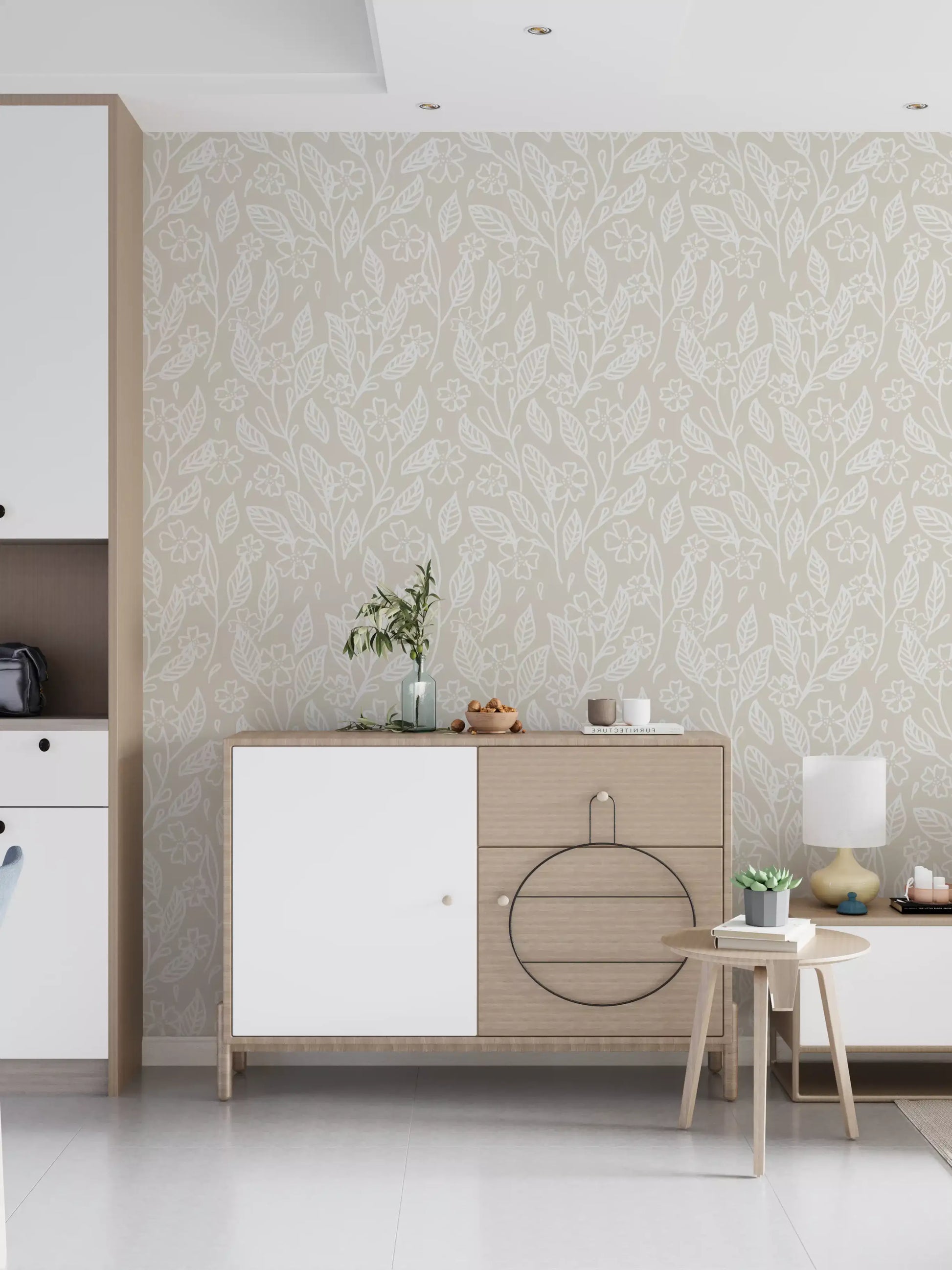 Repeating five petalled flowers on the Neutral Floral Wallpaper surface