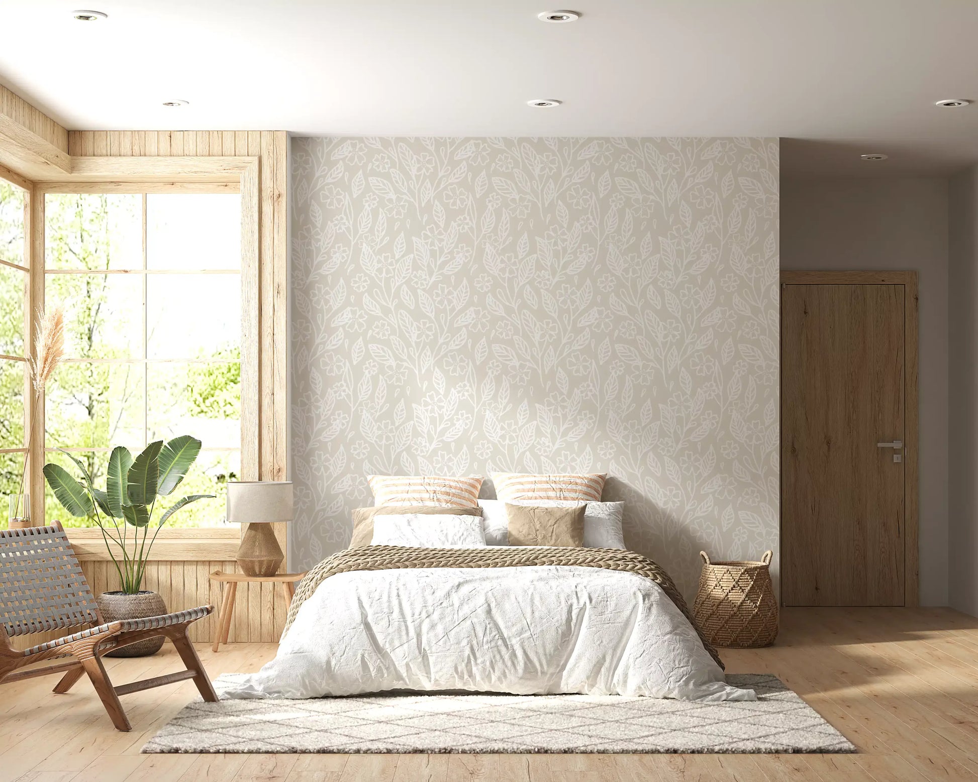 Sketched blooms from the Neutral Floral Wallpaper repeat in a Bedroom