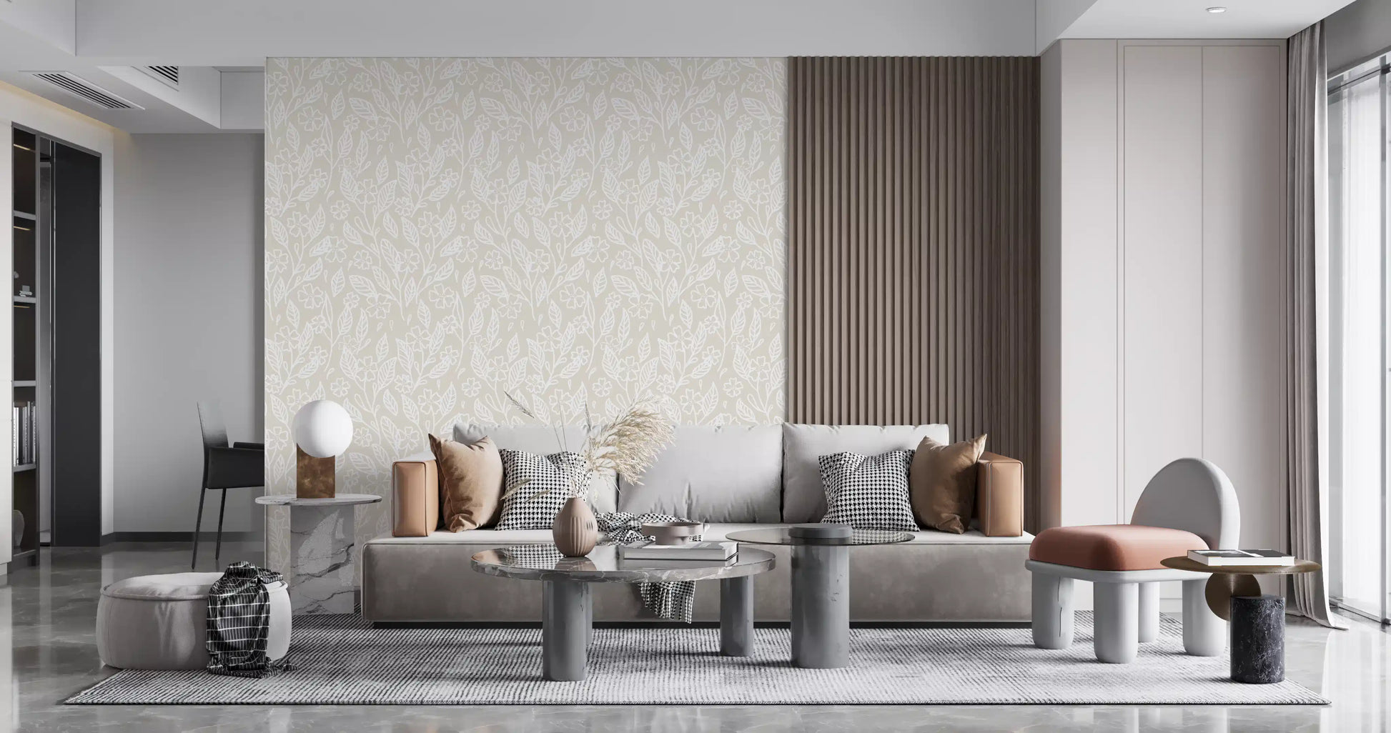 White botanical leaves on the Neutral Floral Wallpaper fill a living room
