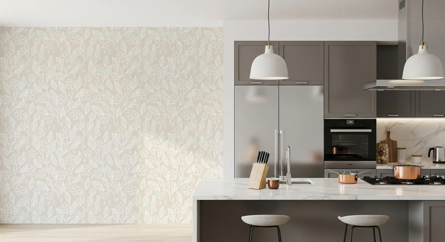 Kitchen area seating framed by the beige Neutral Floral Wallpaper pattern
