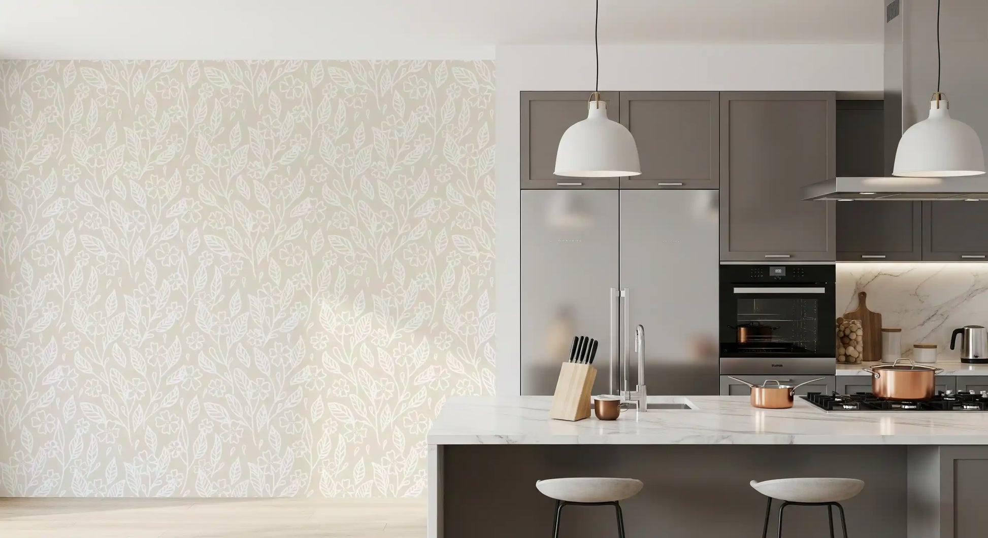 Kitchen area seating framed by the beige Neutral Floral Wallpaper pattern