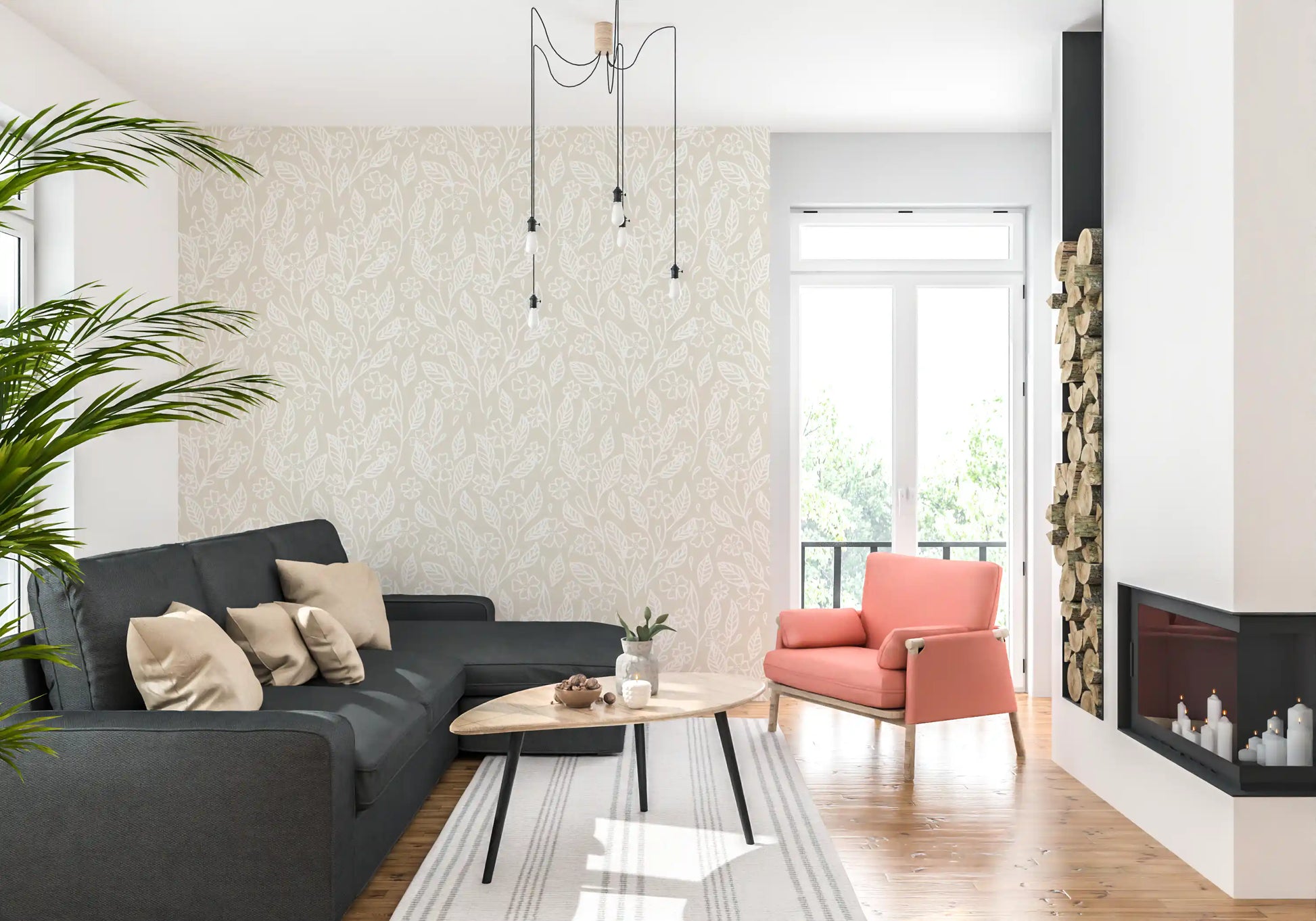 Outlined foliage and stems make up the Neutral Floral Wallpaper motif