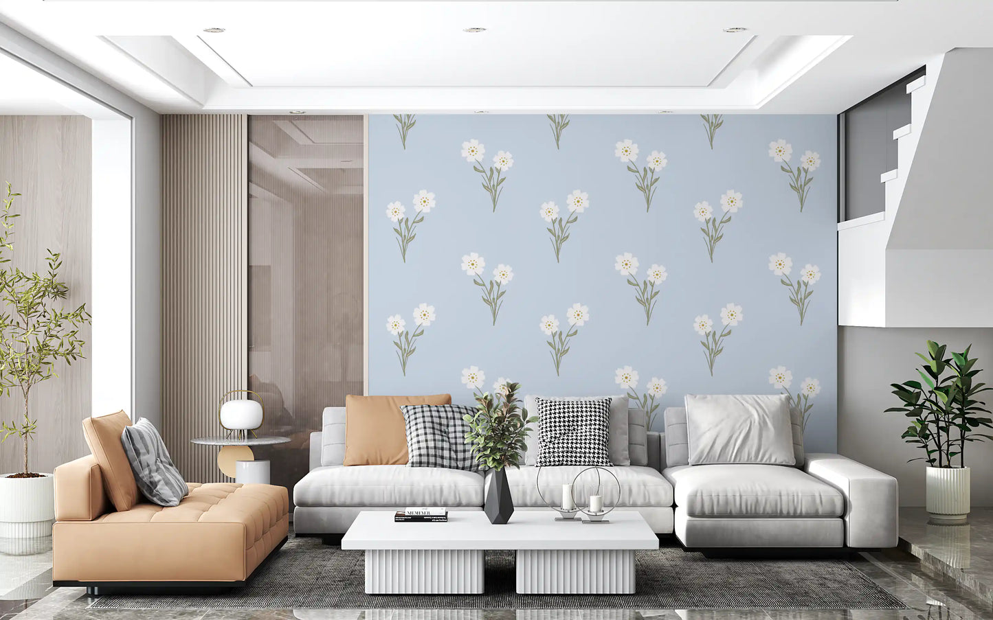 Golden dotted centres visible on each bloom of Soft Bloom Serenity wallpaper