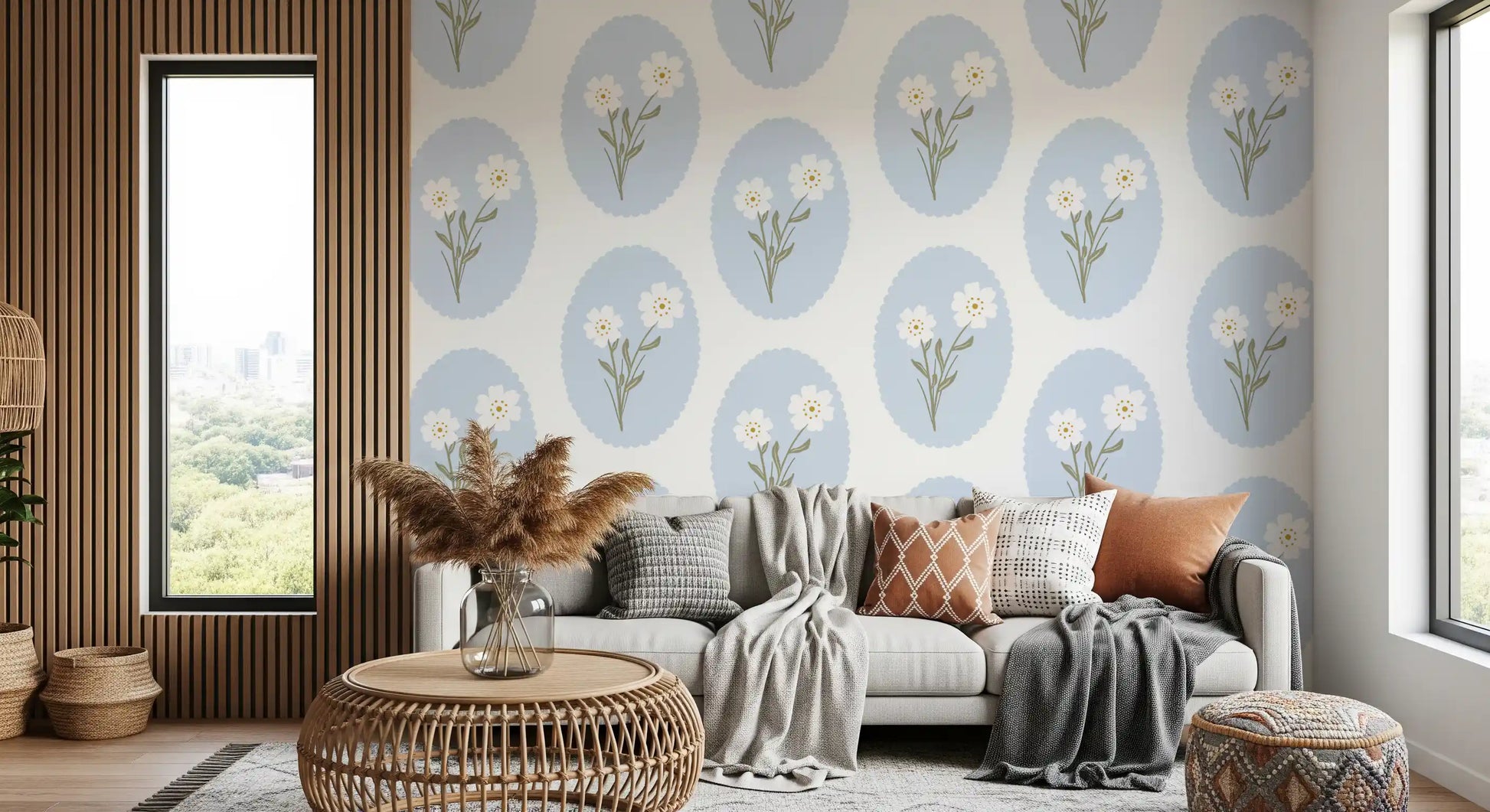 Repeat layout of blue medallions and tiny blooms across the Serenity wallpaper