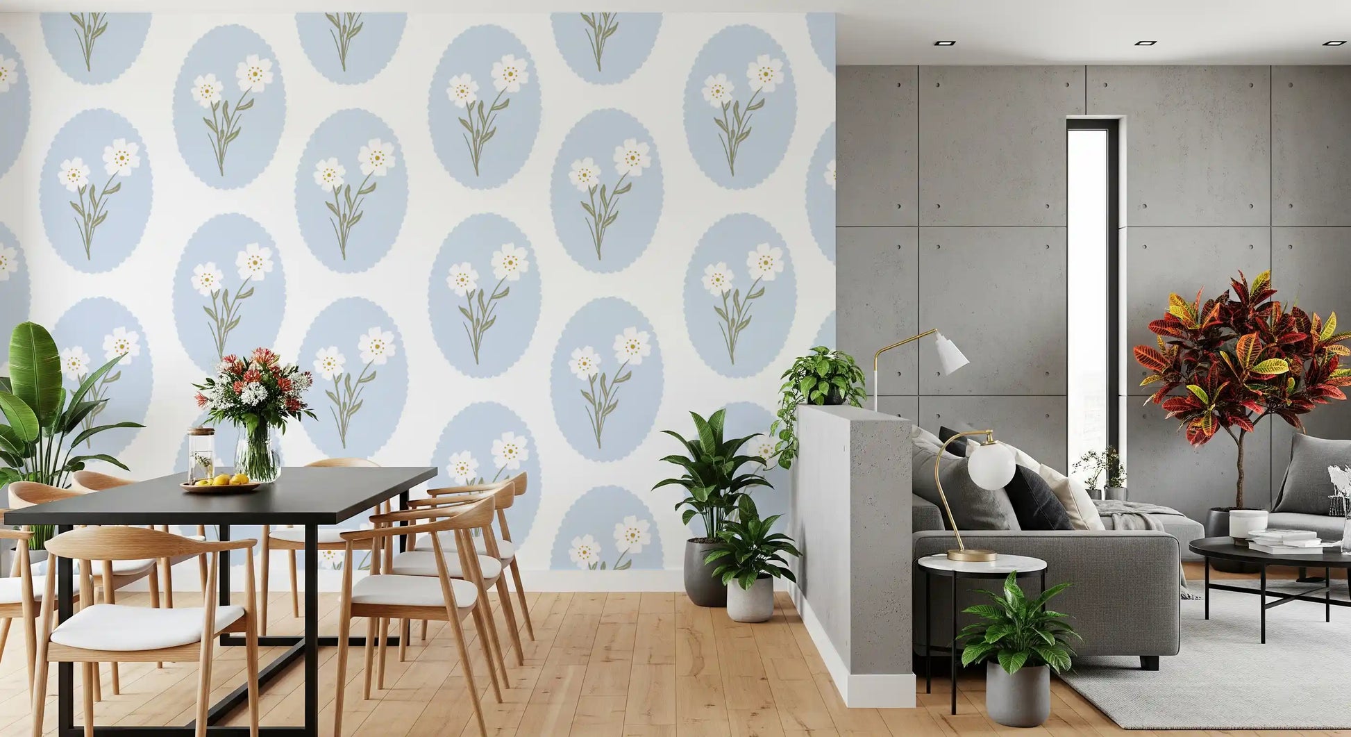 blue medallions of the Serenity wallpaper warm an open Dining and living room 
