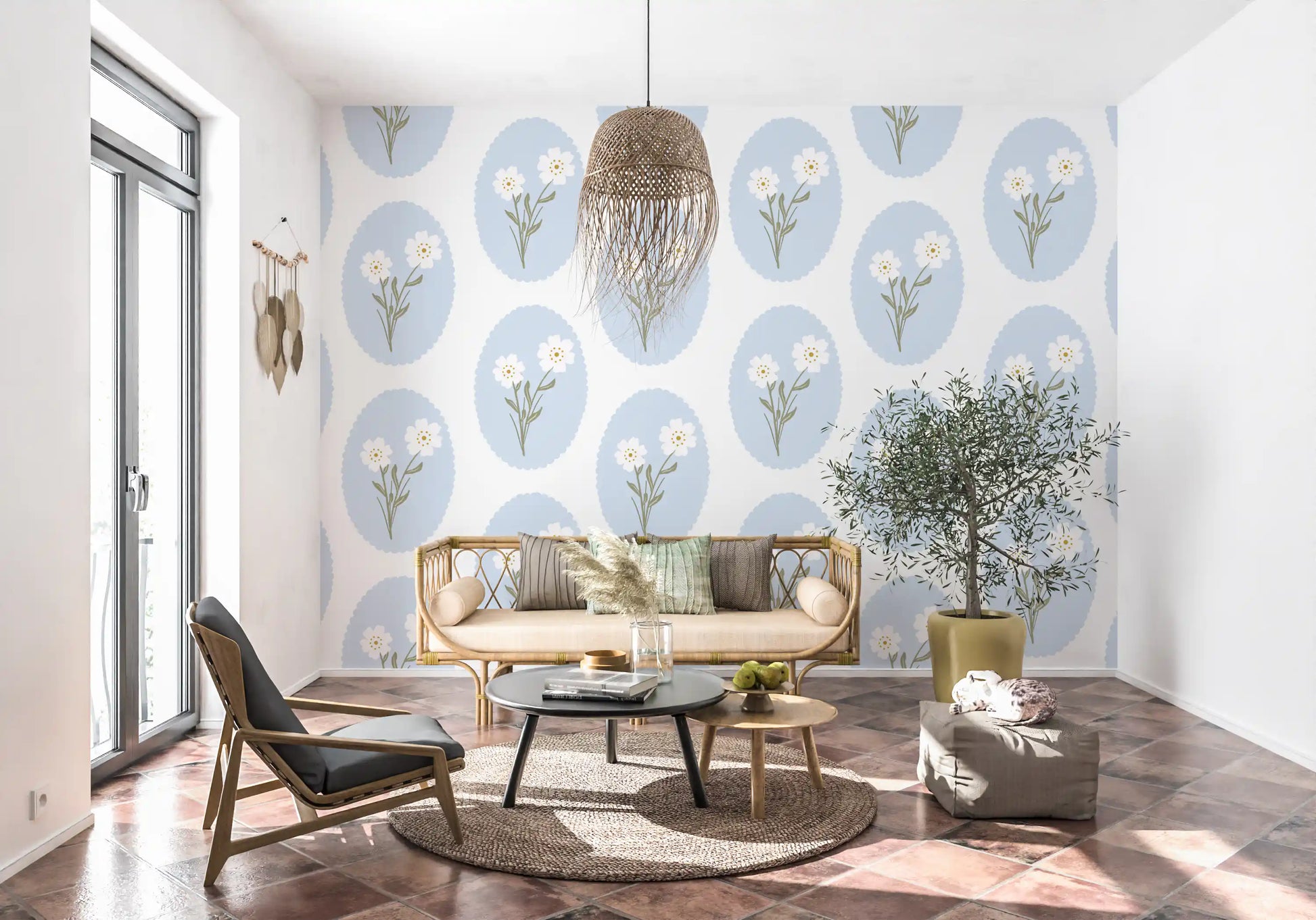 Wallpaper of white daisies in blue ovals along a hallway leading to the lounge
