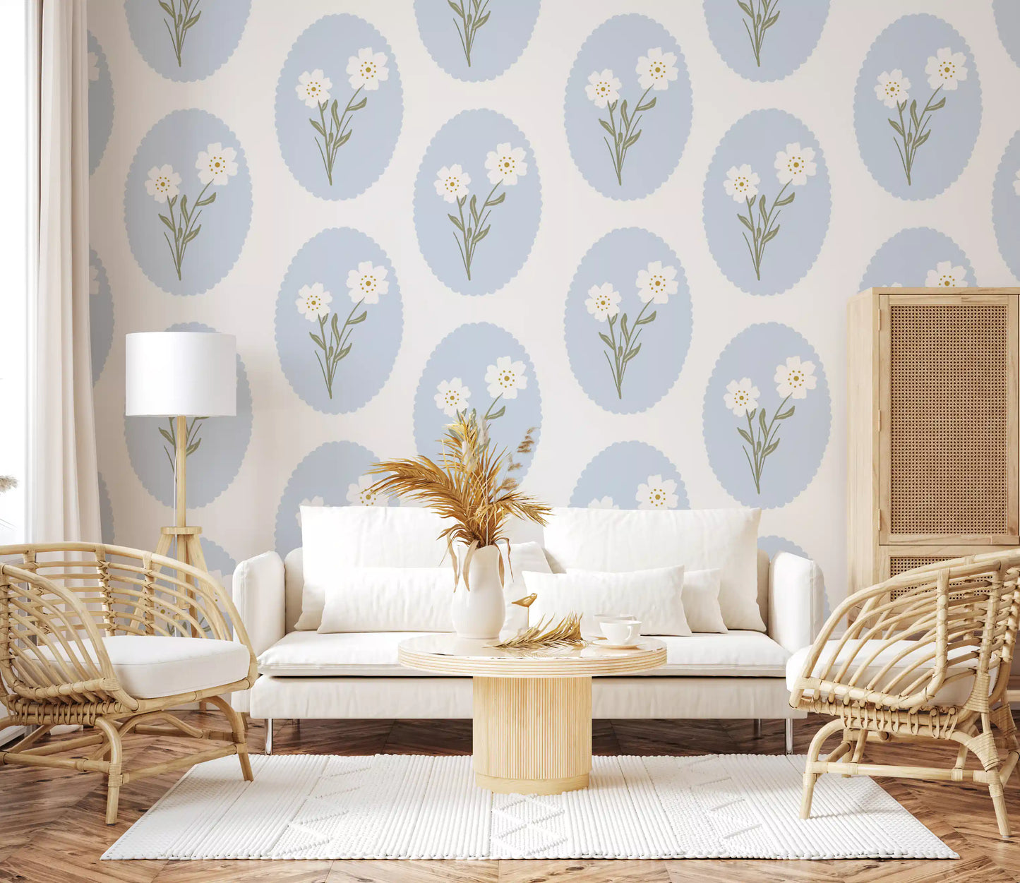 Olive-sage stems pair with ivory florals across the Scalloped Floral wallpaper